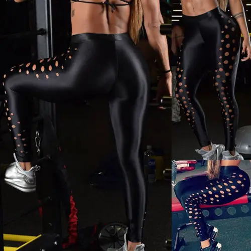 

Women Fitness Black Hollow Dot Solid Slim Long Leggings Jumpsuit Sexy