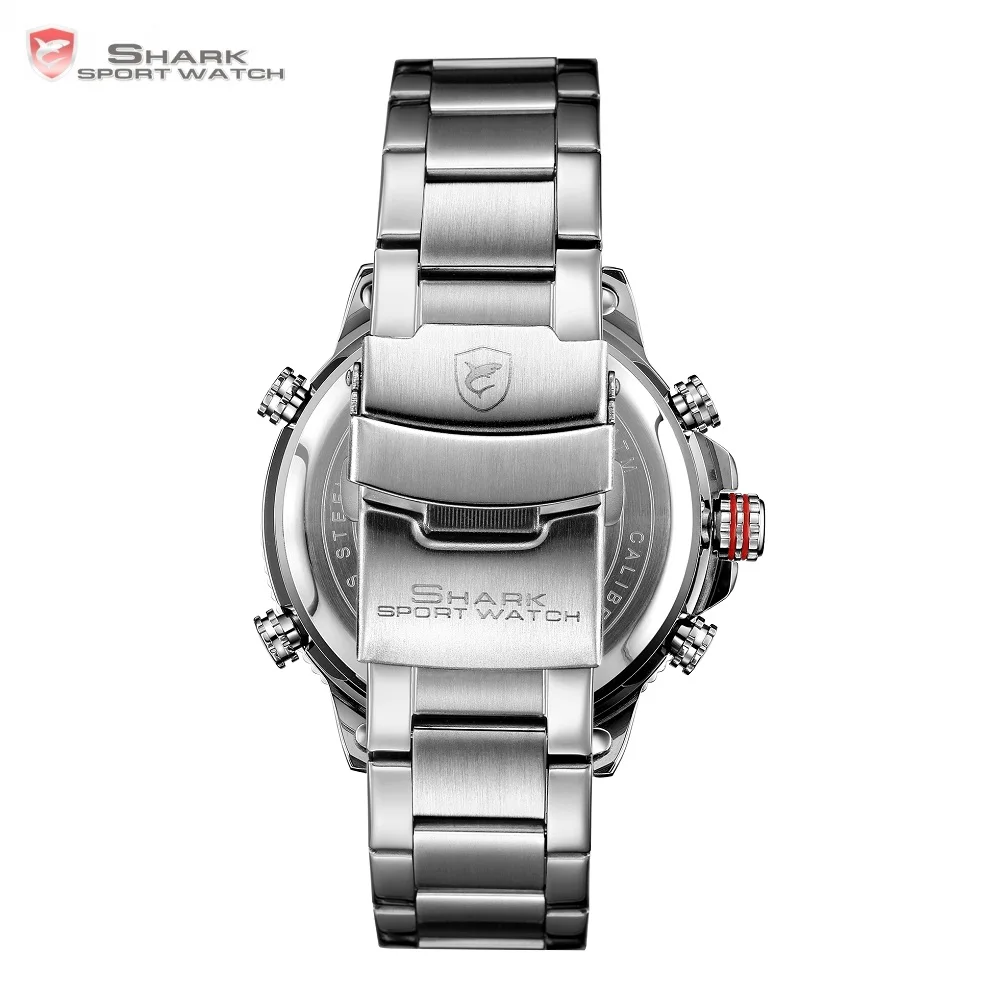 Luxury Winghead SHARK Sport Watch Men Black Dual Time Date Alarm Steel Band Relogio Masculino LCD Quartz Digital Watches /SH325N