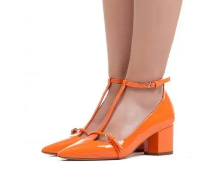 

Moraima snc 2019 explosion Women's Orange T Strap Heels Pointy Toe Chunky Heels Pumps Shallow Square Heel pumps