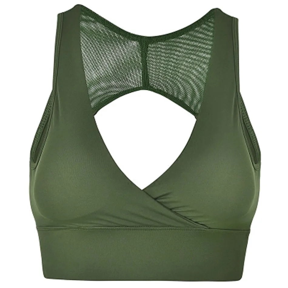 Open Back sports bra Deep V sexy yoga bra Racerback mesh crop top push up padded gym bra green fitness bra running active wear