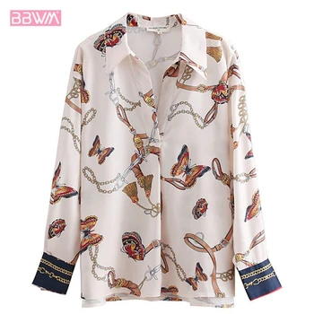

Long-sleeved chain butterfly print casual shirt female 2019 spring new Lapel long sleeves, simple and elegant women's shirts top