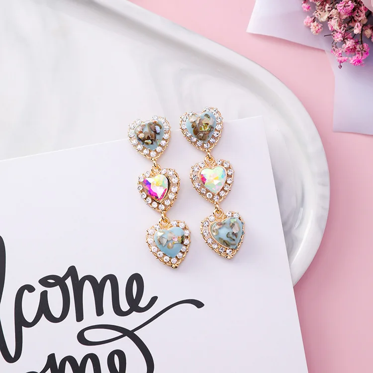 MENGJIQIAO 2018 New Colorful Shell Love Heart Crystal Long Pendientes Mujer Moda Statement Rhinestone Drop Earrings For Women