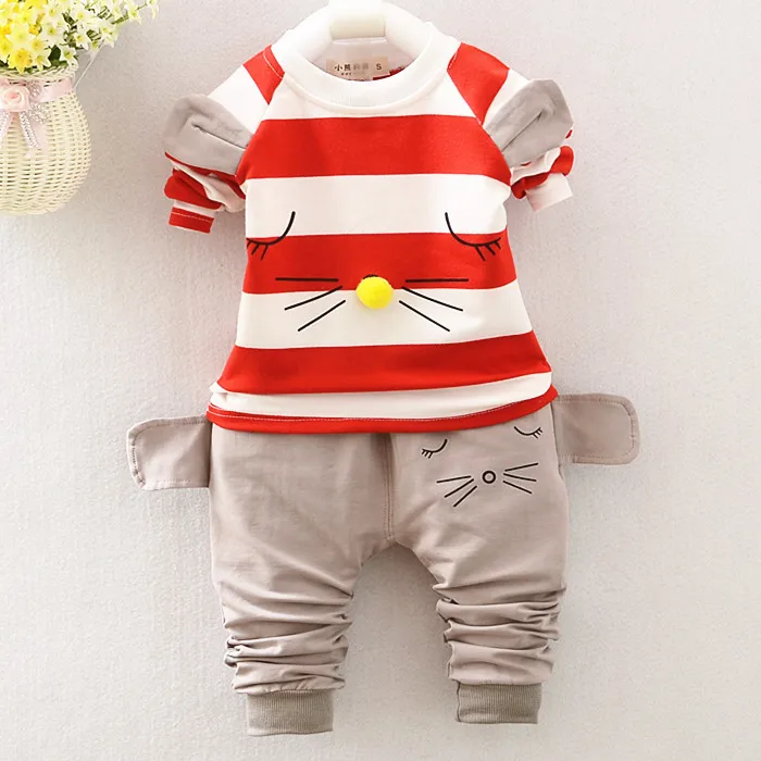 

Kids Baby Girl Cute Cat Clothes Sets Fashion High Qulity Stripe T shirt Set For Girl Outfit Toddler Infant Children Suit