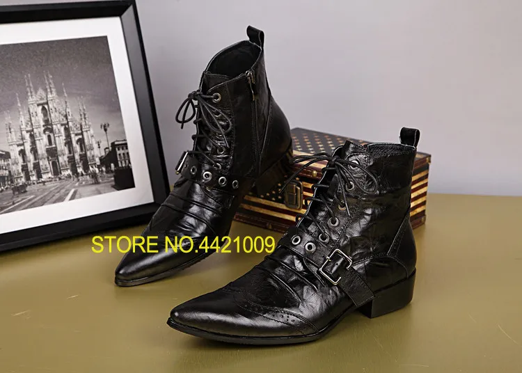 

2018 Black Fashion Men Ankle Boots Pointed Toe Botas Hombre Lace Up Botas Militares Wedding Dress Shoes Mens Cowboy Boots