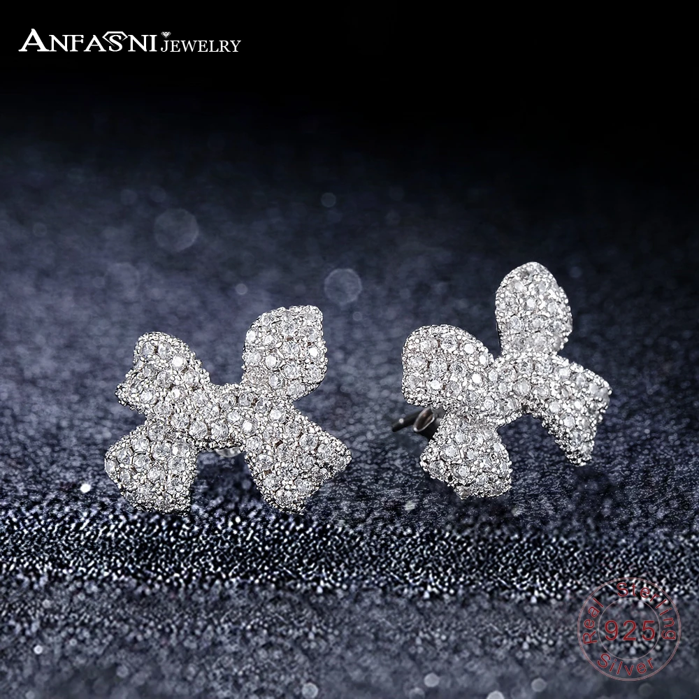 

ANFASNI New Summer 925 Sterling Silver Women Trendy Bowknot AAA Zircon Earrings Engagement Jewelry For Christmas Gift CGSER0026