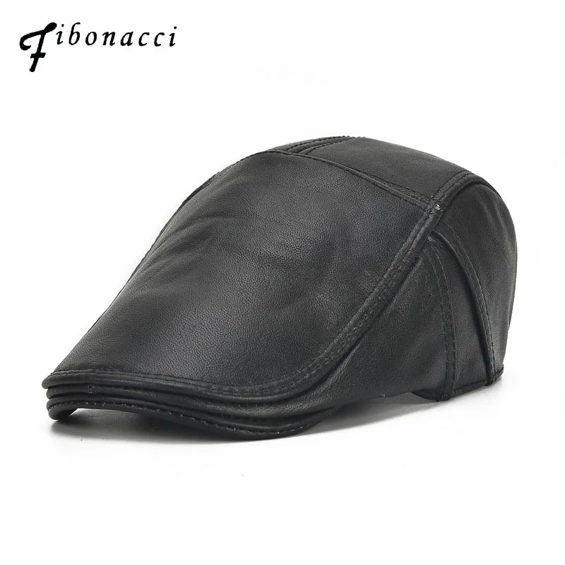 

Fibonacci 2018 New Brand Quality Newsboy Hat Cowhide Genuine Leather Patchwork Solid Ivy Beret For Men Caps