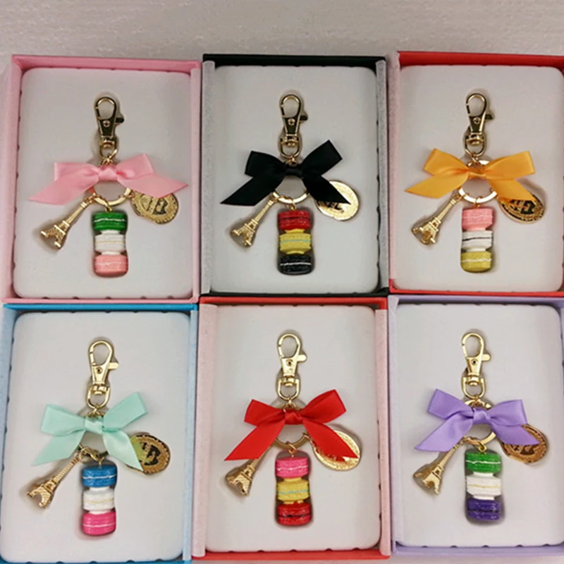 

Small Macaron Eiffel Tower keychains key rings for women gifts metal alloy bowknot bag charm car key chain keyring gift box