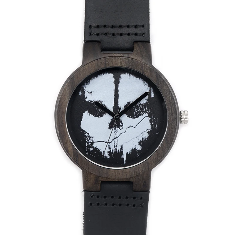 BOBO BIRD Ebony Wooden Watch Ladies with Skeleton Logo Luxury Quartz Watches with Genuine Leather Band for Men as Gift