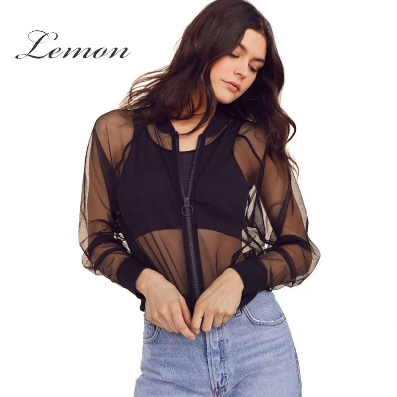 Buy Lemon Women Black Sheer Mesh Coat Fashion Zipper