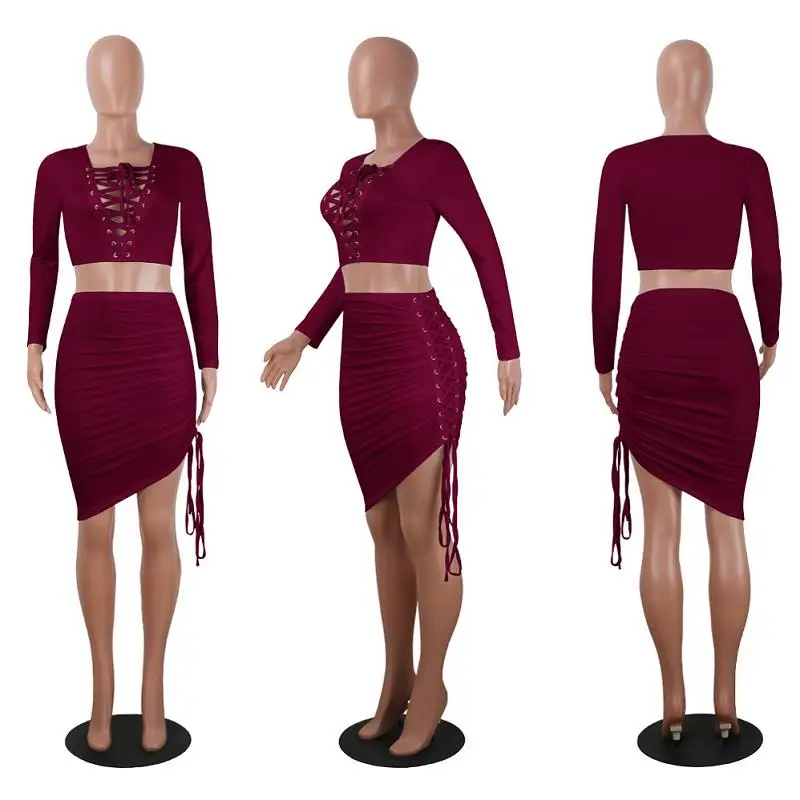ADEWEL 2017 Autumn Women Bandage Lace Up Two Piece Set Mini Dress Sexy Bodycon Long Sleeve Crop Top &  Irregular Club Dress Sets (7)