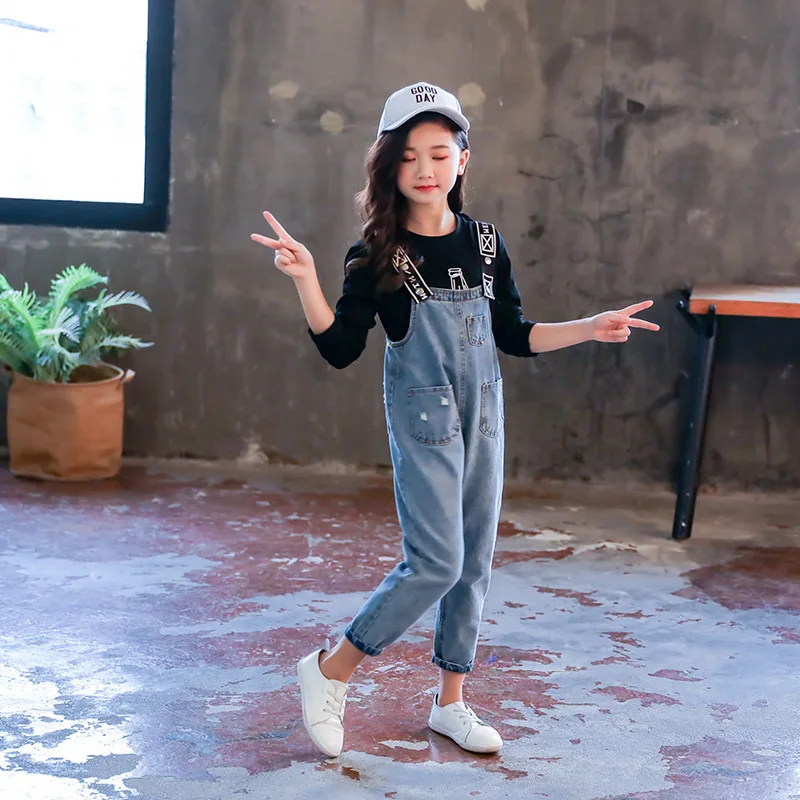 

Teen Girl Spring Fall Denim Suspend Romper Shirt Sets Set Youth Clothes Teenage Big Girls Clothing Knits Outfits Conjuntos Nina