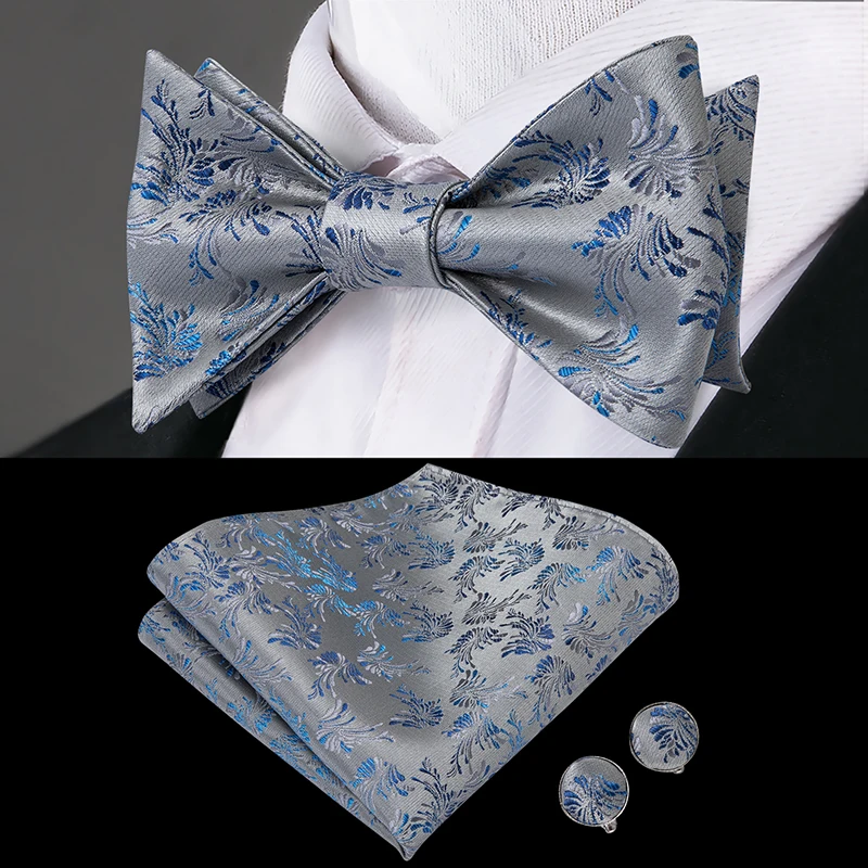 

LH-2009 Hi-Tie Luxury Silk Floral Woven Men Butterfly Self Bow Tie Grey Wedding BowTie Pocket Square Hanky Cufflinks Suit Set