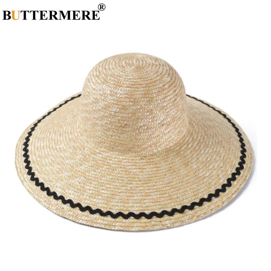 

BUTTERMERE Wide Brim Hats For Women Beige Straw Sun Caps Ladies Large Floppy 12cm UV Protection Female 2020 Summer Beach Hats