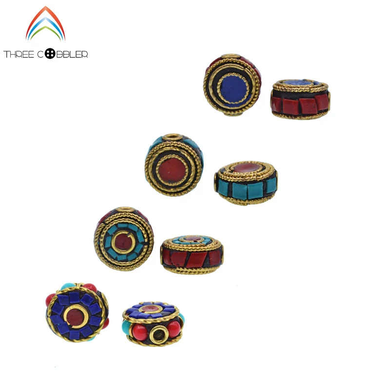 

Hot sale Nepal Tibetan Spacer beads mosaic copper wire embed crush broken green/red stone vintage bead DIY Jewelry making 3pcs
