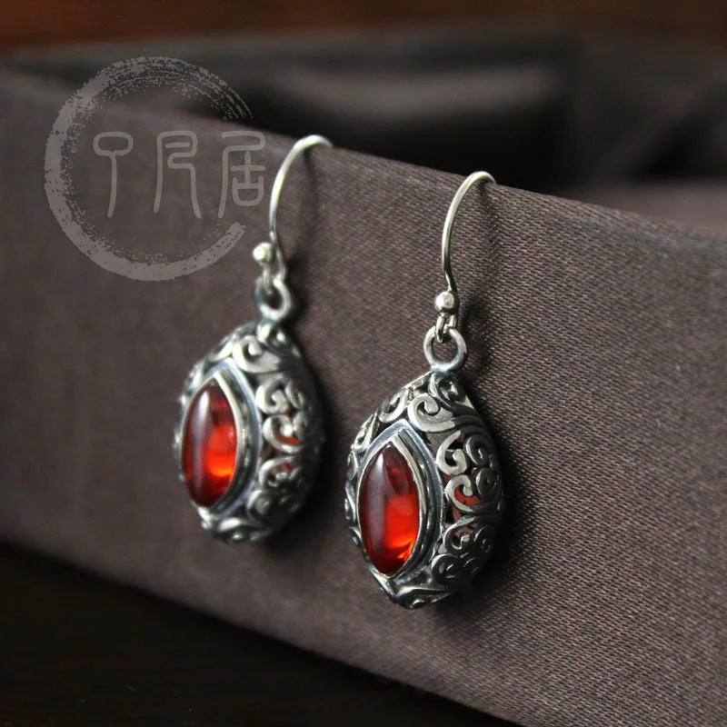 

18mm 2 color 925 Sterling silver Natural semi-precious stones Onyx women jewelry Red Garnet Vintage yellow female Earrings