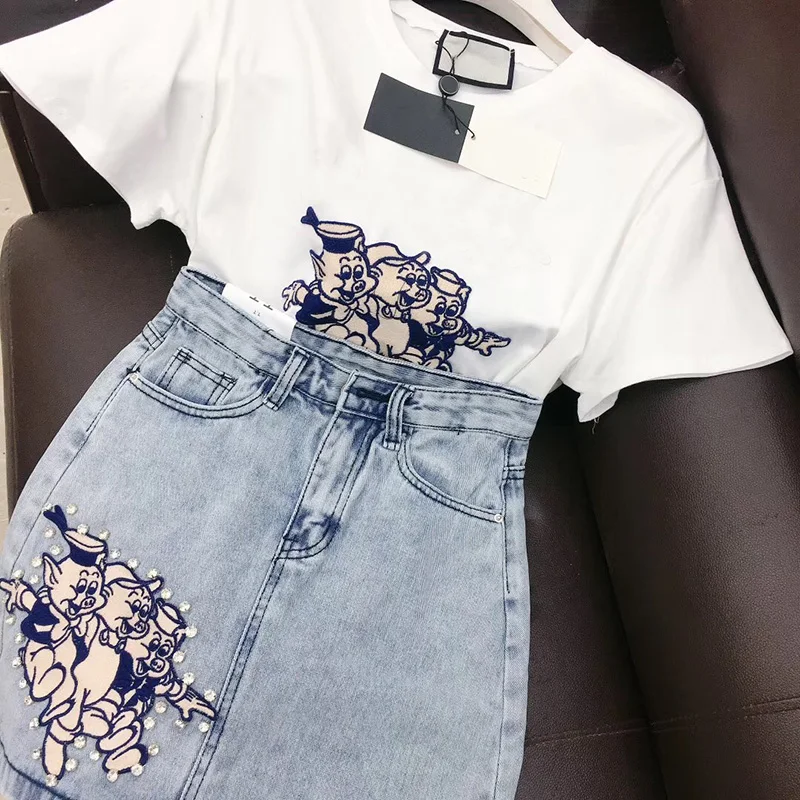 

runway fashion outfit cartoon embroidery cute t-shirt with mini denim skirt 2 piece set women 2019 twinset