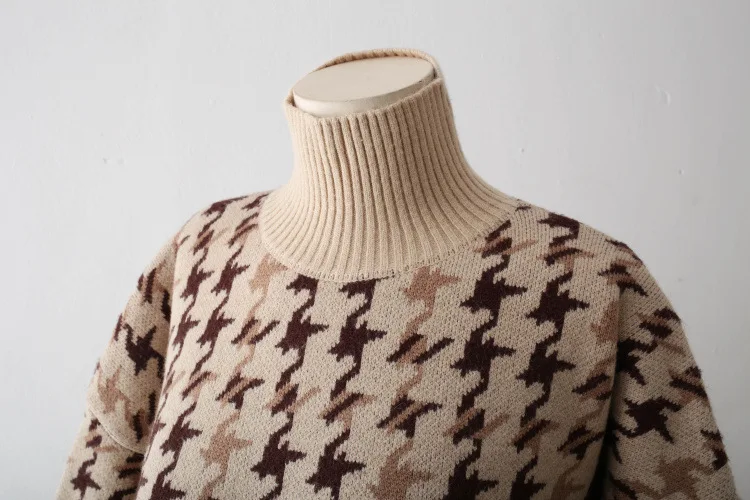 Для женщин свитер с рисунком «гусиные лапки» пуловеры с высоким, плотно облегающим шею воротником джемпер Свободный пуловер рубашка свитера модные Для женщин свободный свитер