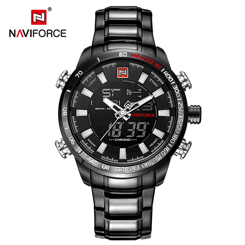 black black NAVIFORCE 9093 роскошные мужские спортивные часы Chrono, брендовые военные водонепроницаемые электронные наручные часы с подсветкой, мужские часы с секундомером - Цвет: black black