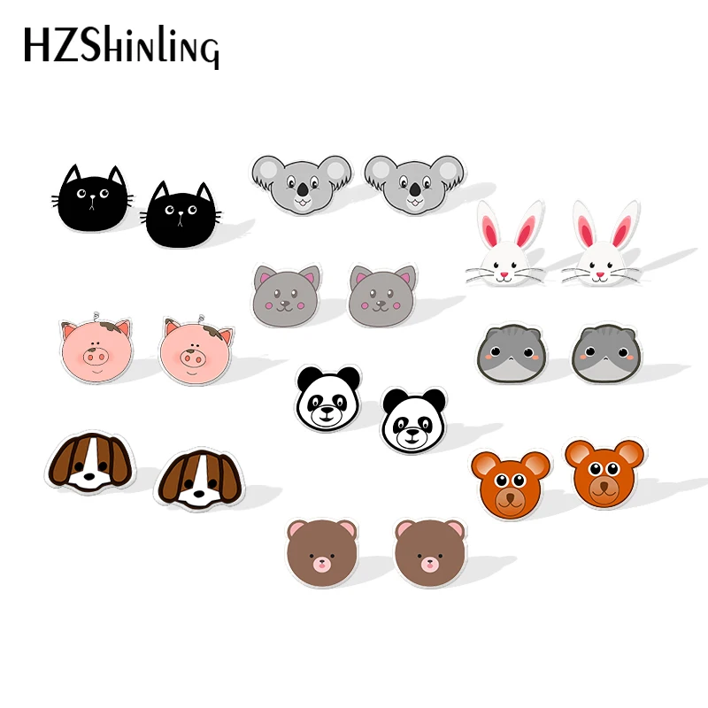 New Teddy Bear Dog Rabbit Pig Face Resin Earrings Funny Animals Shrinky Dinks Earring Children Epoxy Stud Earrings