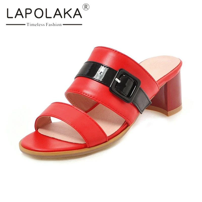 

Lapolaka Brand New Plus Size 34-46 Ladies Med Heels Belt Buckle Shoes Woman Casual Party Office Outside Summer women's Mules