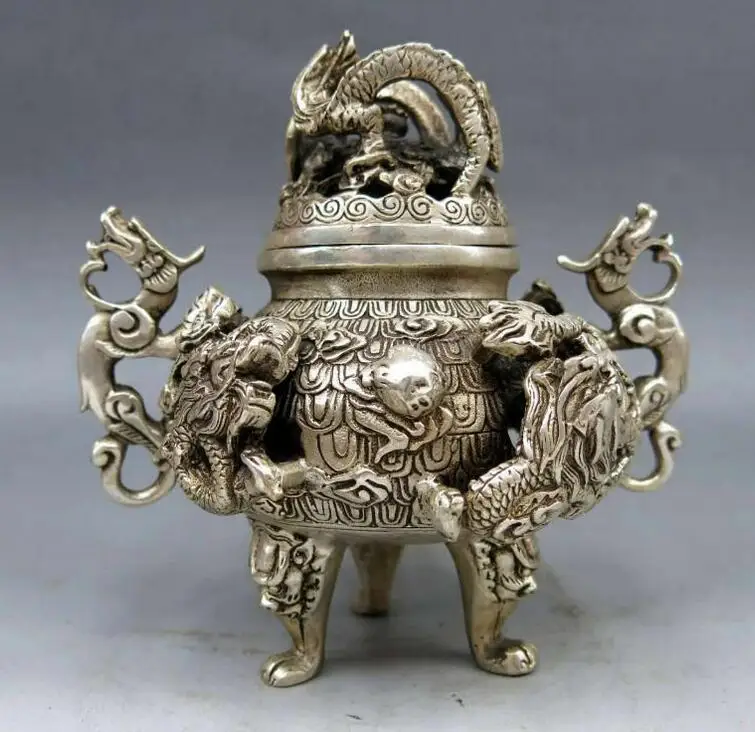 

Rare Ancient Chinese Miao Silver Carved Dragon Incense Burner Exquisite Small Statues