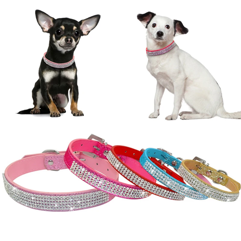 

Adjustable Bling Rhinestone Crystal Pet Puppy Cat Dog Collar PU Leather Basic Collars 7A0374