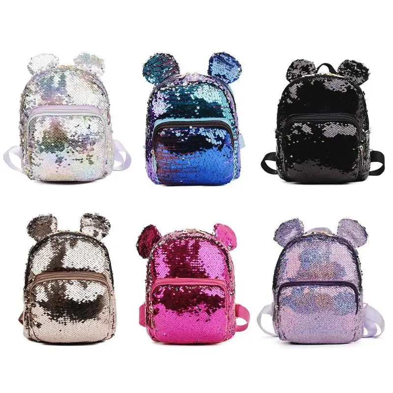 

Small Ear Backpacks Women Sequins Shoulder School Bags Girl Travel Knapsack
