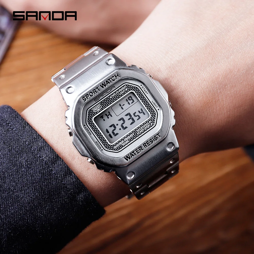 

Luxury Men Digital Watch Business Stainless Steel Strap LED Waterproof Wristwatch Alarm Male Clock Relogio Masculino