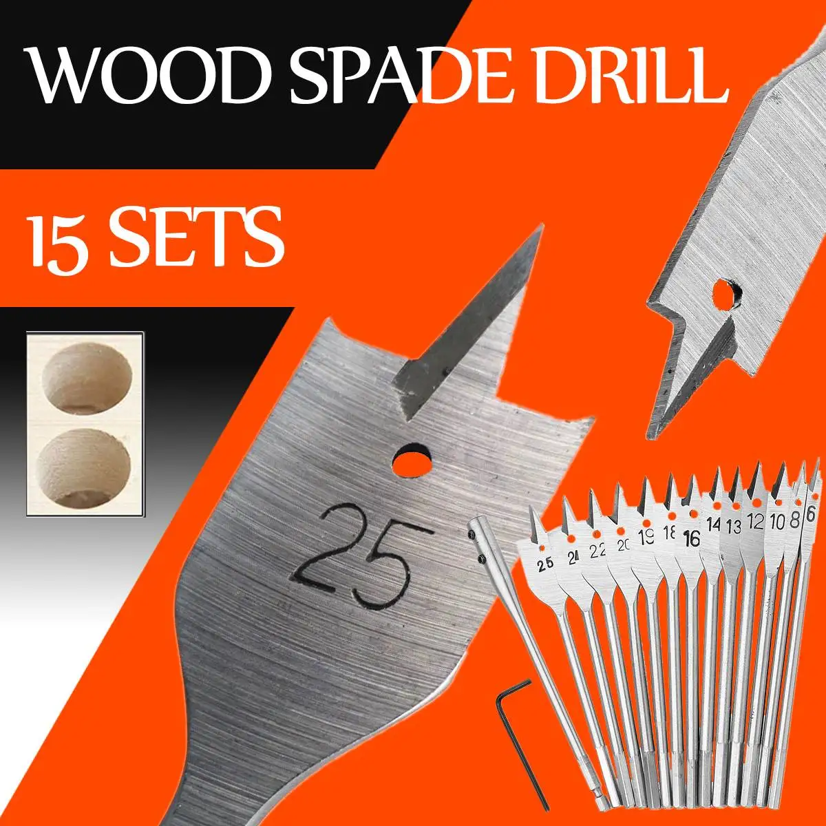 

15 In 1 Flat Wood Spade Drill Bit Set Hex Hole Cutting Cutter + Arbors + Wrench For Working Wood Matel Tools