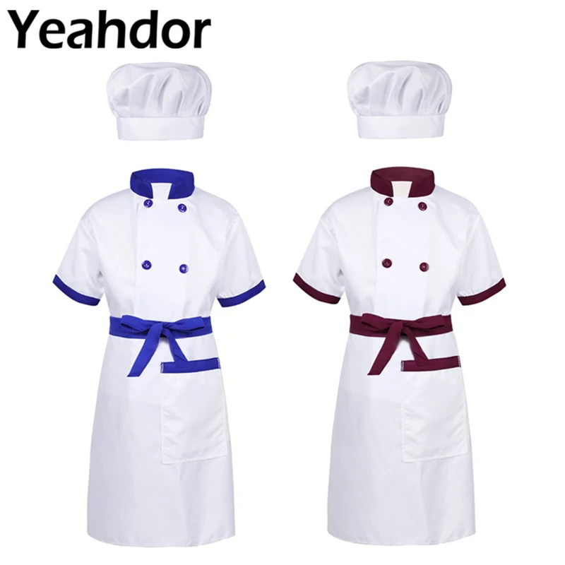

Role Play Unisex Kids Boys Girls Chef Outfit Short Sleeves Jacket with Apron and Hat Set for Halloween Cosplay Party Costume
