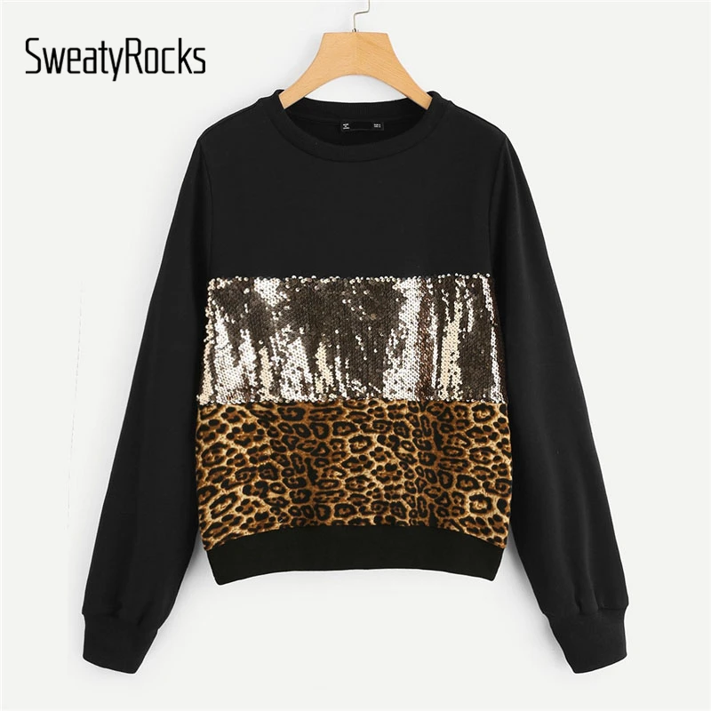 SweatyRocks الأسود التباين الترتر ليوبارد السترة طويلة الأكمام س الرقبة البلوز قمم 2018 الخريف أزياء المرأة عارضة سوياتشيرتس SweatyRocks الأسود التباين الترتر ليوبارد السترة طويلة الأكمام س الرقبة البلوز قمم 2018 الخريف أزياء المرأة عارضة سوياتشيرتس