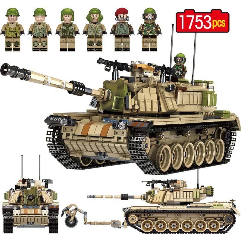 

1753 Pcs Army M60 MAGACH Tank Building Blocks Compatible Legoed WW2 Military Weapon Soldier Figures Bricks Sets Toys For Boys