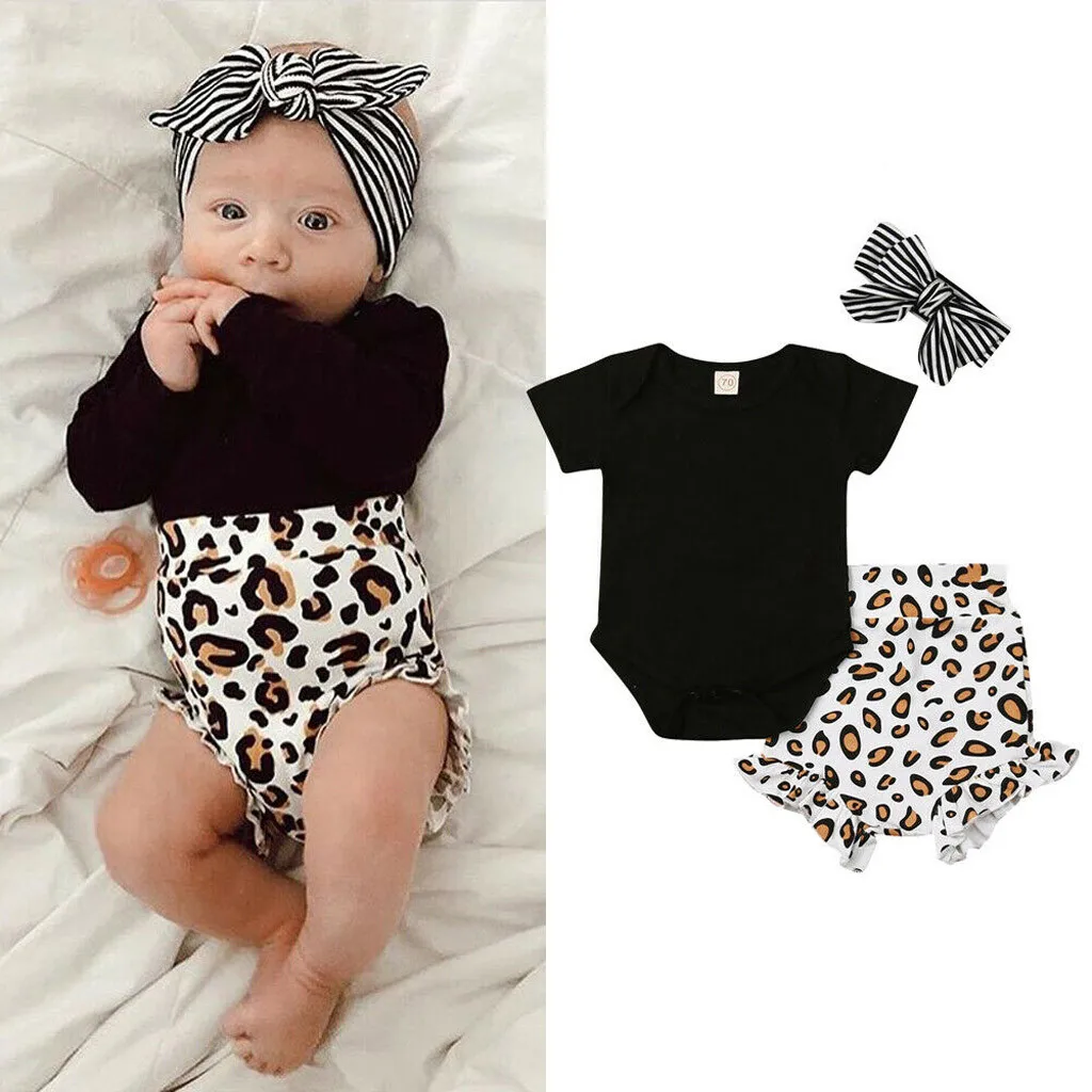 

Newborn Baby Girls Leopard Print Clothes Tops Romper Short Pants Striped Headband 3Pcs Summer Outfits baby girl boutique clothes