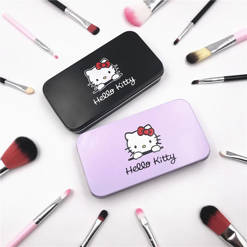 

1set Hello Kitty pink black 7Pc/set Mini Makeup brush Set cosmetics kit de pinceis de maquiagem make up brush Kit with Metal box