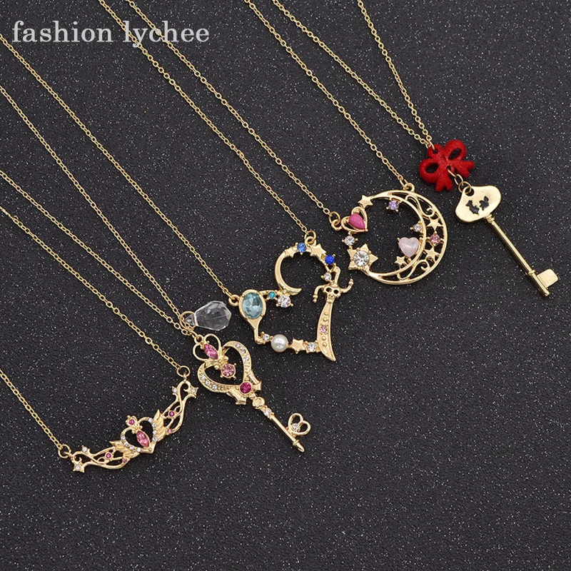 

fashion lychee Japan Sailor Moon Faux Crystal Gold Color Cartoon Necklace Moon Heart Key Pendant Cosplay Necklace Women Gift