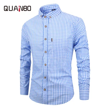 

QUANBO Men's Clothing New Arrival Autumn Spring Shirts Cotton Lattice Long Sleeve Shirt Casual Slim fit Brand Shirt