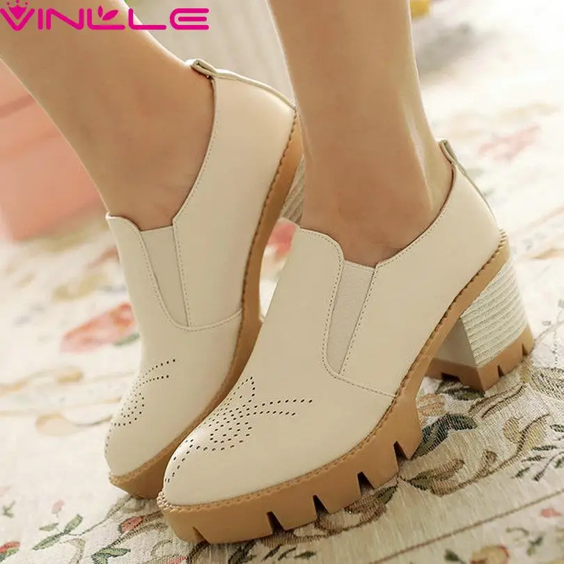 

Simple Round Toe Slip on Fashion Shoes Women Thick High Heel Pumps Spring Autumn Lady Soft PU Leather Platform Causal Shoes