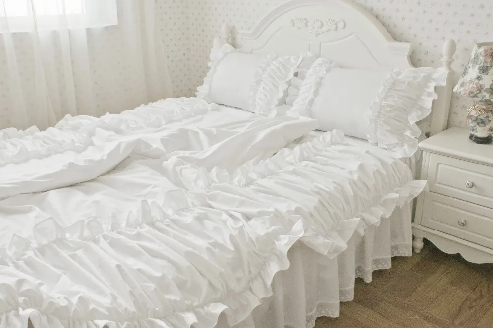 Белые гофрированные наборы постельных пренадлежностей для принцесс, роскошные хлопковые романтические постельные принадлежности для девочек, наволочки, пододеяльник