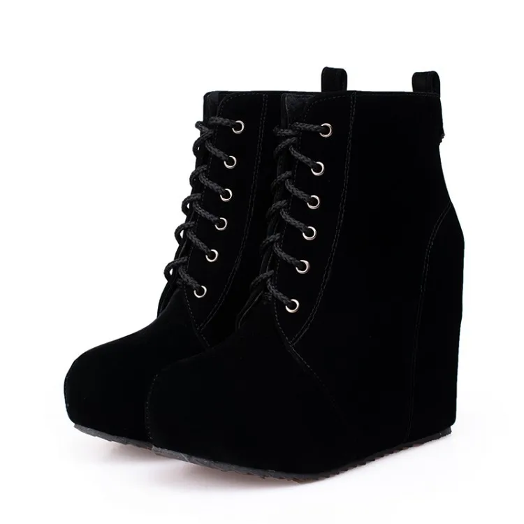 

US4-11 Womens Round Toe Suede Wedge High Platform Heel Lace Up Ankle Boots Shoes Plus Size 3Colors Plus Size