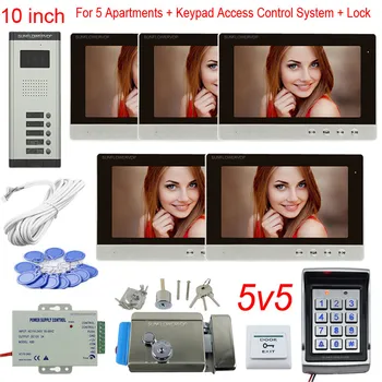 

Interphone Video 5 Units 10" Color Monitor Smart Video Doorbell With Lock + Access Control System Rifd Password Unlock Door bell
