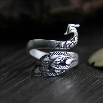 

C&R Pure S999 Sterling Silver Rings for Women Old Vintage Thai Silver Peacock Phoenix Ring Lady Ethnic Fine Jewelry Size 6-8