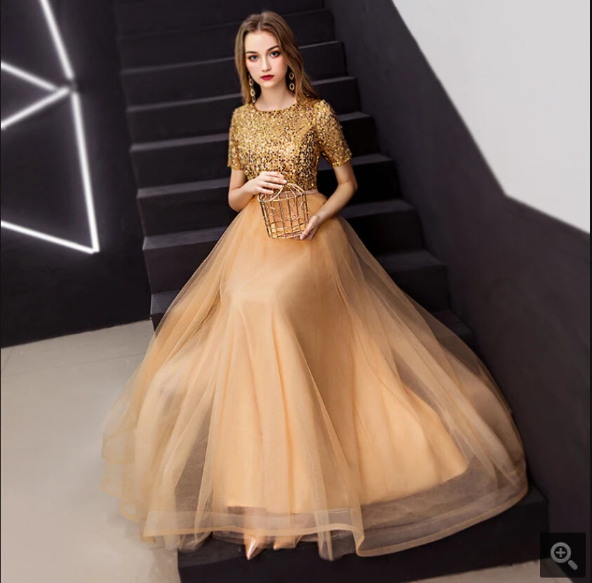 Vestido De Festa Золотое расшитое блестками тканевое ТРАПЕЦИЕВИДНОЕ скромное вечернее