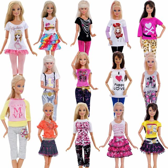 1 PCS Handmade Fashion Outfit Short Dress Cartoon Cute Pattern T-shirt Leggings Trousers Accessories Clothes For Barbie Doll Toy