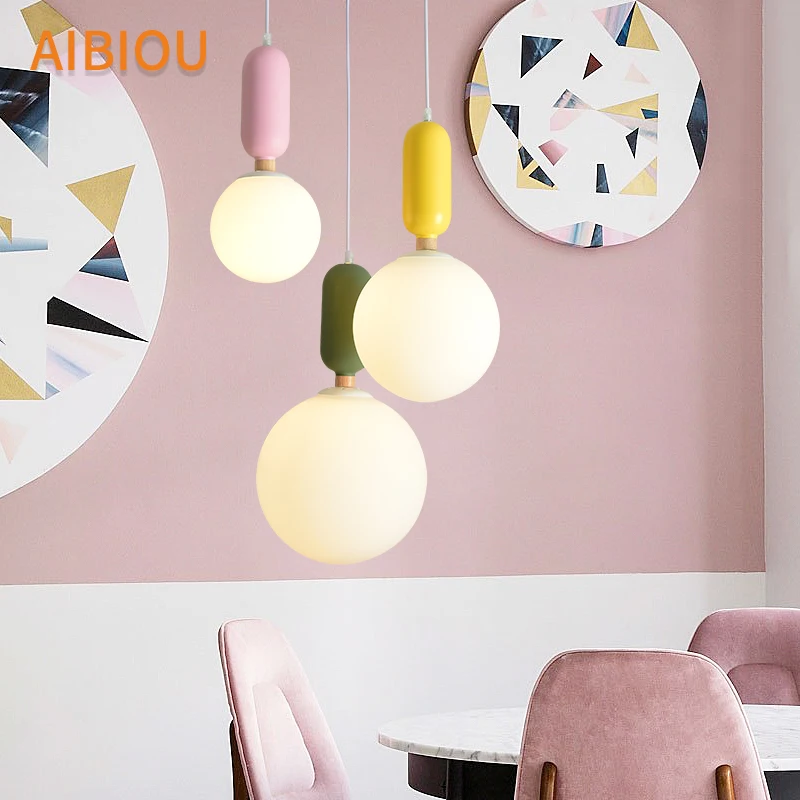 

AIBIOU Nordic LED Pendant Light With Glass Lampshade For Dining Room Iron Pendant Lamp Colorful Hanging Light E27 Bar Luminaira