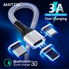 Mantis cabo micro usb magnético tipo c, cabo de carregamento rápido de 3a para iphone, samsung, 3 em 1 cabo de carregador magnético