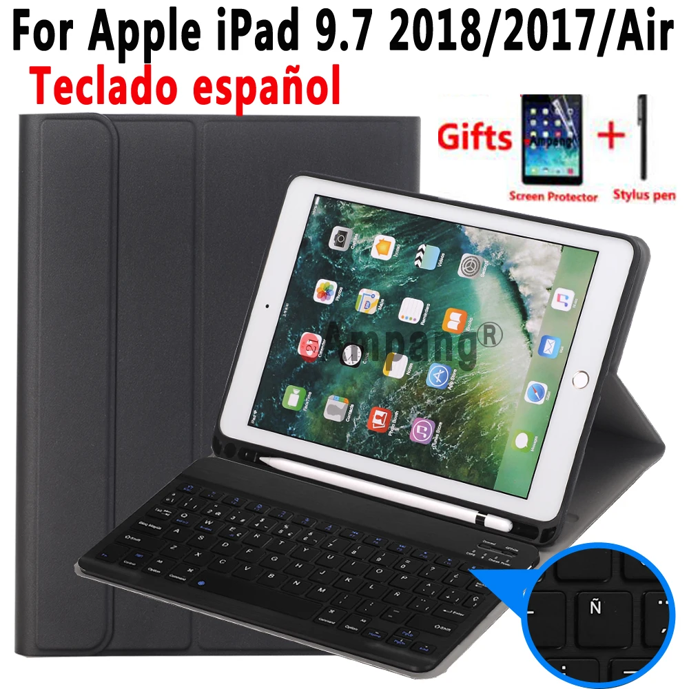 

Spanish Keyboard Case For Apple iPad 9.7 2018 2017 6th 5th Generation Air 2 Pro 9.7 A1822 A1823 A1954 A1566 A1673 Pencil Holder
