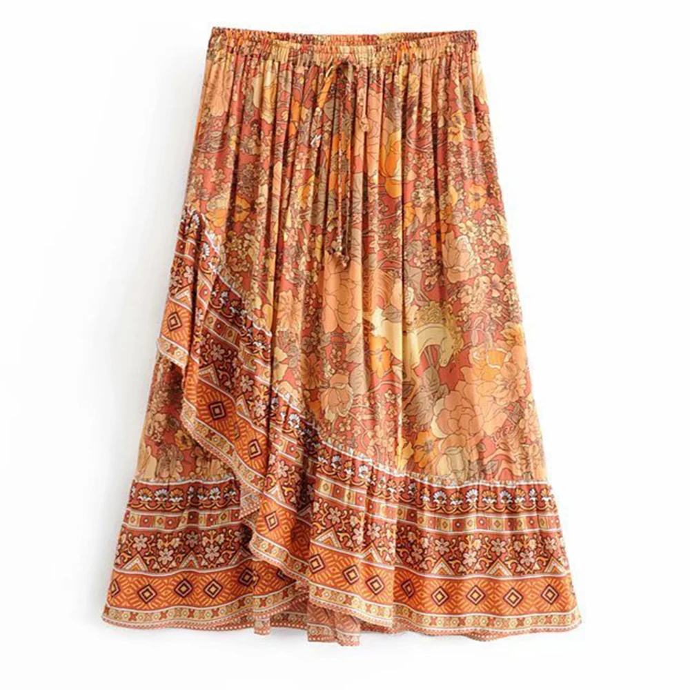 Boho Vintage Floral Print Midi Skirt Women Elastic High Waist Wrap