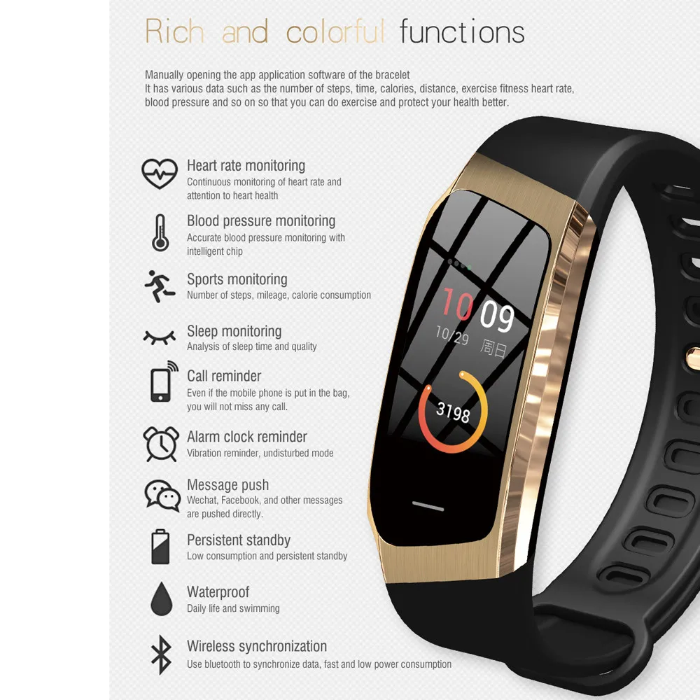 E18 New Design Men Bluetooth Waterproof Wristband Information Reminds IP67 Class Health Monitoring Smart Watch 15J Drop Shipping