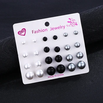 

2019 12 Pair Femme Simple Drop White Black Silver Simulated Pearl Stud Earrings For Women Ball Pendiente Girls Fashion Jewelry