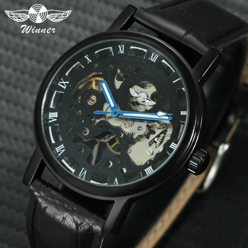 

WINNER Fashion Black Mens Mechanical Watches Roman Numerals Skeleton Dial Leather Strap Top Brand Luxury Hand-wind Wristwatches